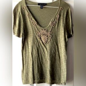 Cable & Gauge Olive Green Wood Bead Detail Short Sleeve Burnout Knit Top Large